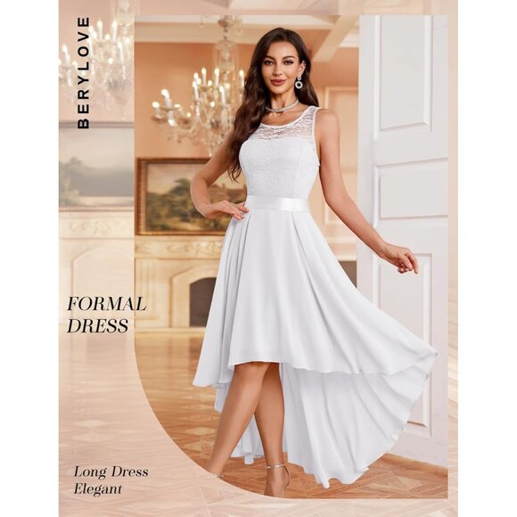 BeryLove Women White Chiffon Scoop Neck Sleeveless Lace Cocktail Formal Dresses - Picture 4 of 7